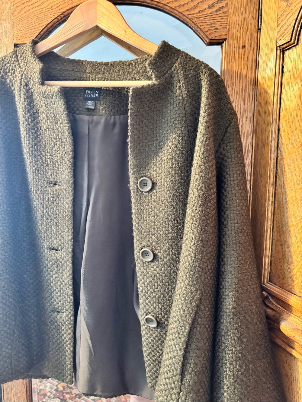 Eileen Fisher Olive Textured Wool Collarless Jacket - Picture 2 of 6